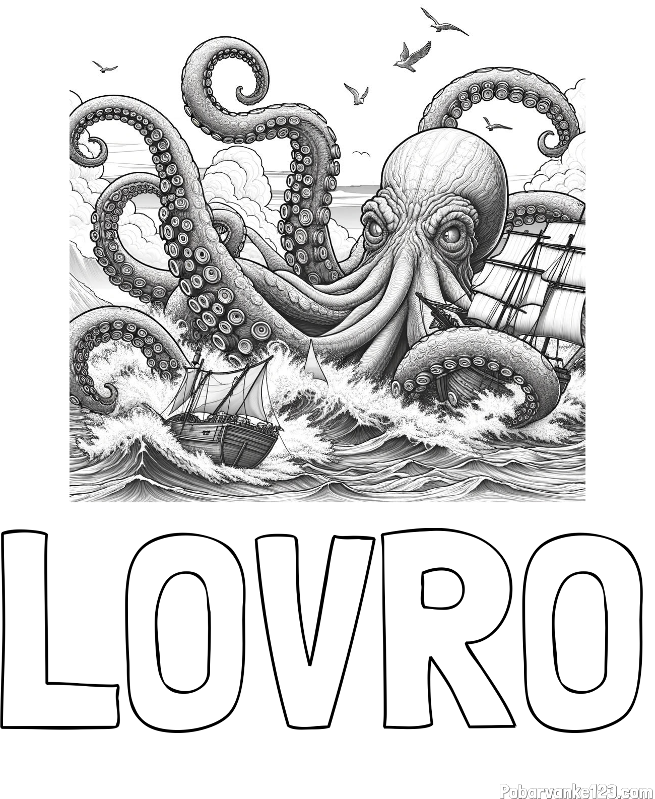 Pobarvanka imena LOVRO in pobarvanka orjaške hobotnice, ki je napadla veliko gusarsko ladjo