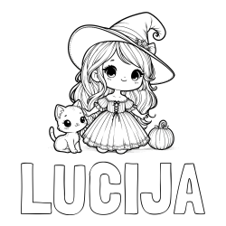 Online izdelana pobarvanka - Pobarvanka imena LUCIJA in pobarvanka ljubke čarovnice, muce in buče