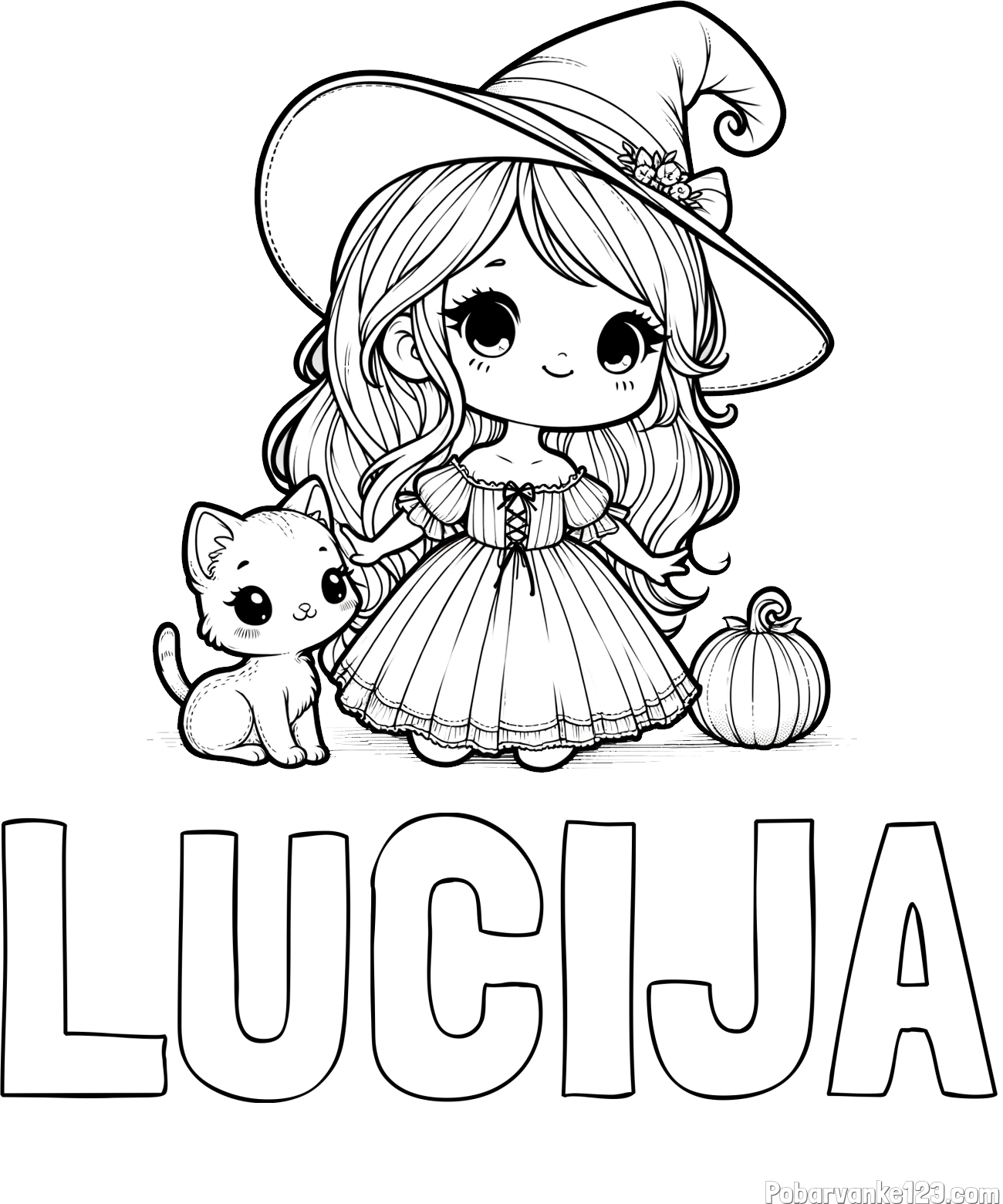 Pobarvanka imena LUCIJA in pobarvanka ljubke čarovnice, muce in buče