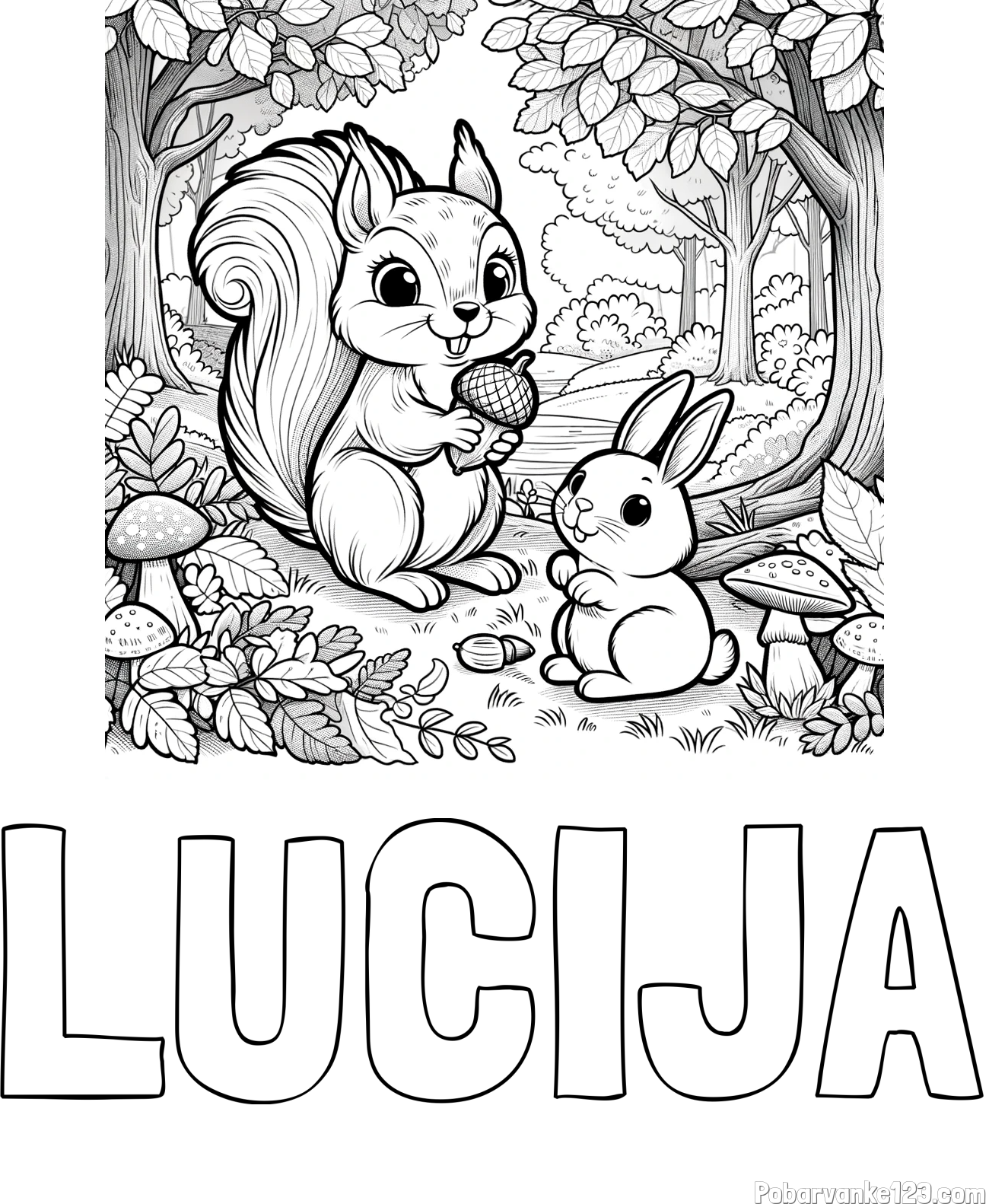 Pobarvanka imena LUCIJA in pobarvanka veveričke in zajčka v gozdu