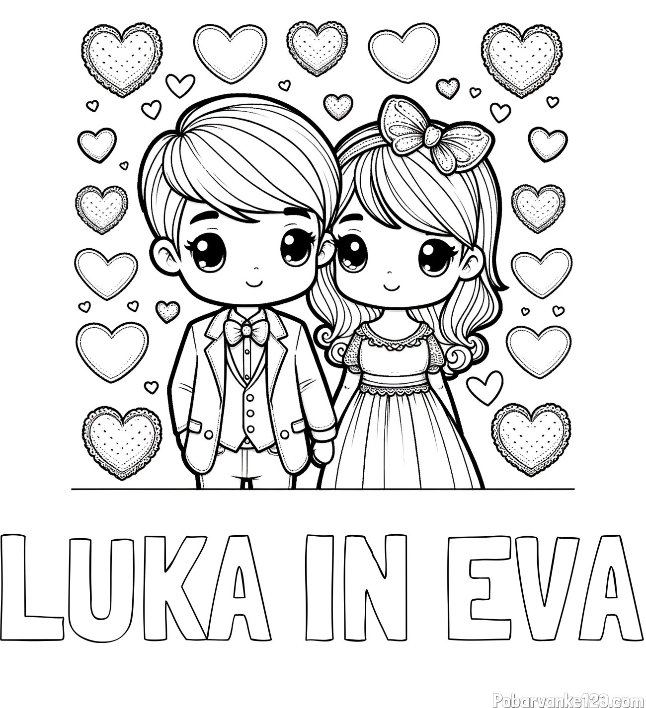 Pobarvanka imena LUKA IN EVA in pobarvanka dveh zaljubljencev s srčki