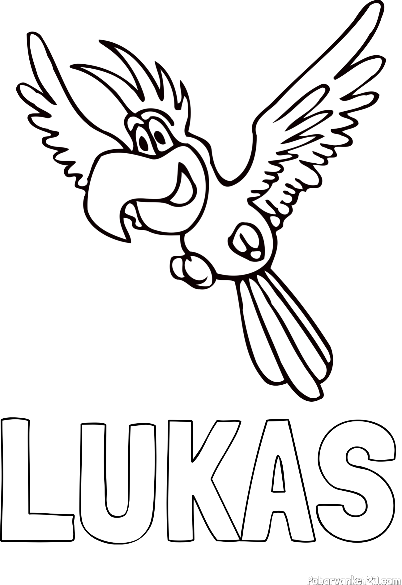 Pobarvanka imena LUKAS in pobarvanka papagaja v letu