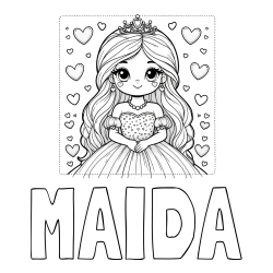 Online izdelana pobarvanka - Pobarvanka imena MAIDA in pobarvanka ljubke princese obdane s srčki
