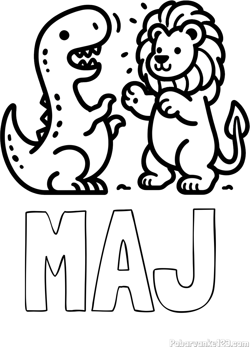 Pobarvanka imena MAJ in pobarvanka dinozavra, ki napada leva