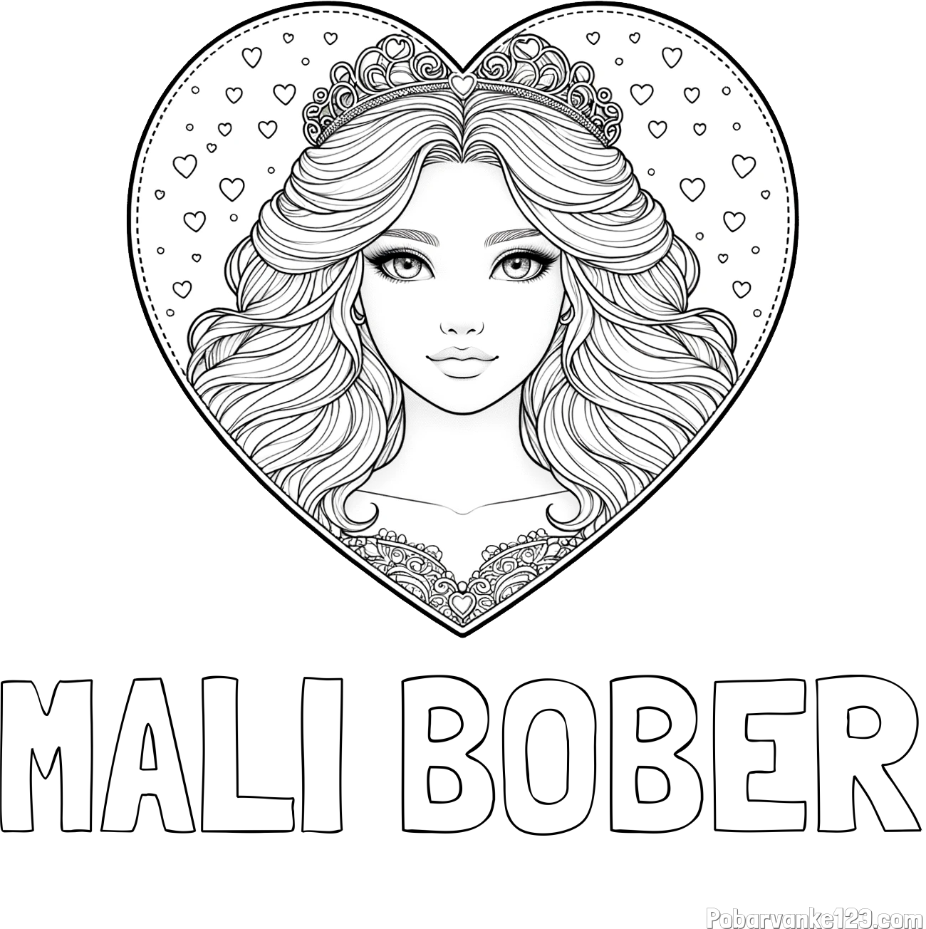 Pobarvanka imena MALI BOBER in pobarvanka ljubke princese v srčku