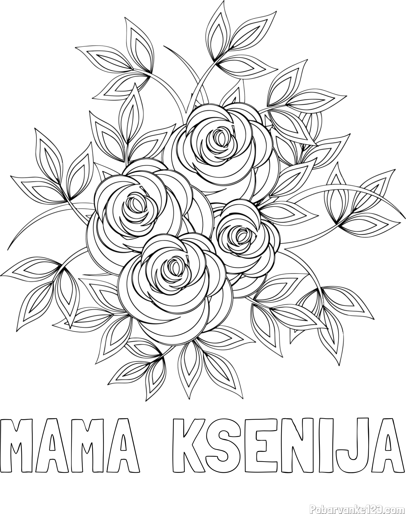 Pobarvanka imena MAMA  KSENIJA in pobarvanka šopka vrtnic