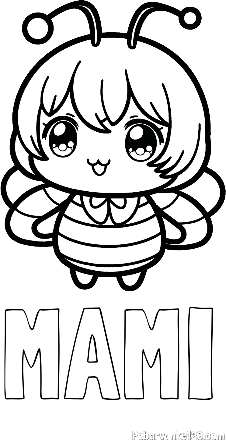 Pobarvanka imena MAMI in pobarvanka čebelice v stilu anime