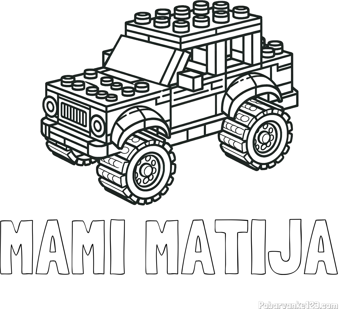 Pobarvanka imena MAMI MATIJA in pobarvanka džipa sestavljenega iz LEGO kock