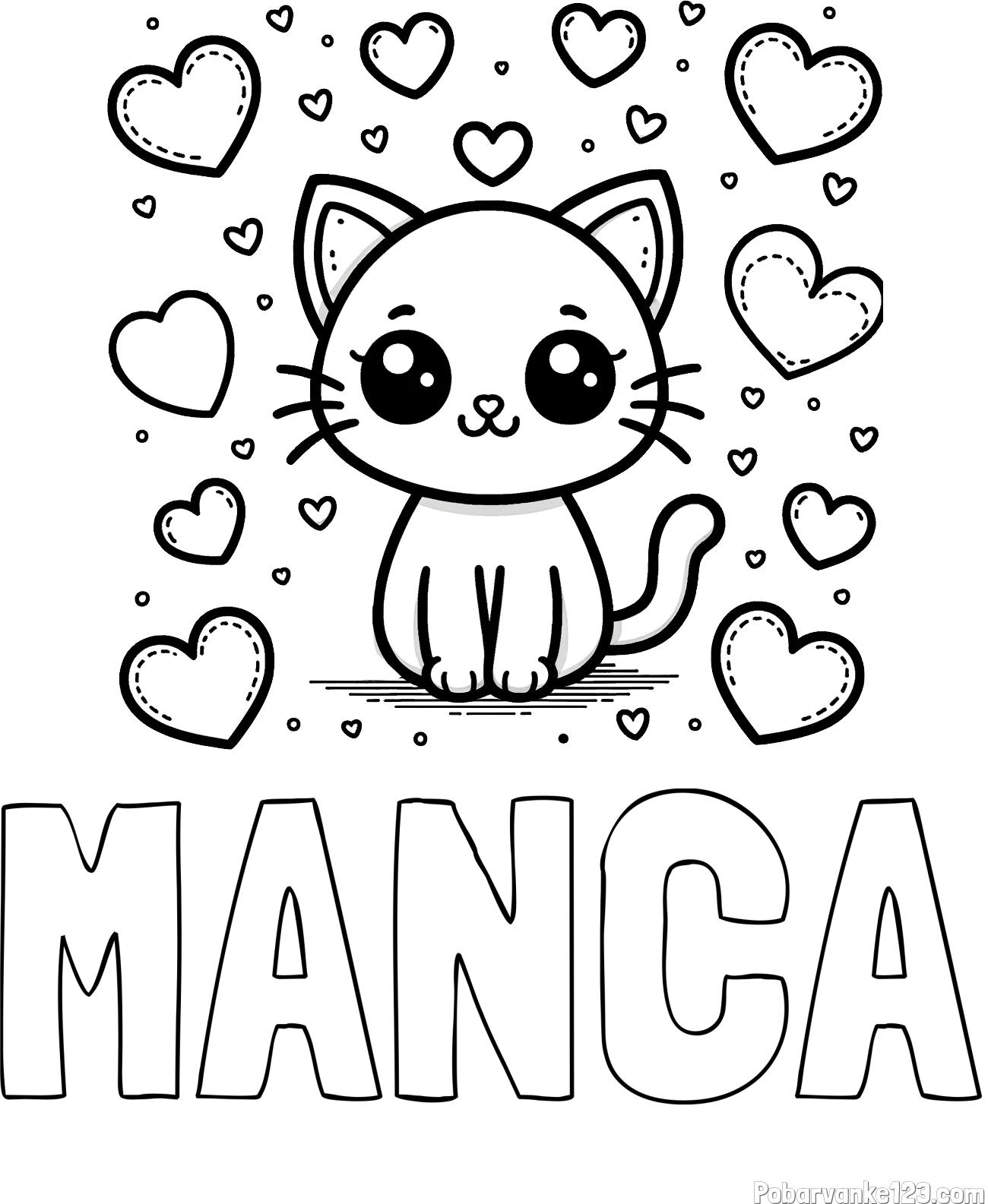 Pobarvanka imena MANCA in pobarvanka ljubke mucke obdane z veliko srčki