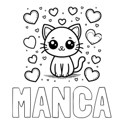 Online izdelana pobarvanka - Pobarvanka imena MANCA in pobarvanka ljubke mucke obdane z veliko srčki