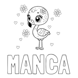 Online izdelana pobarvanka - Pobarvanka imena MANCA in pobarvanka mladička flaminga z rožicami in srčki