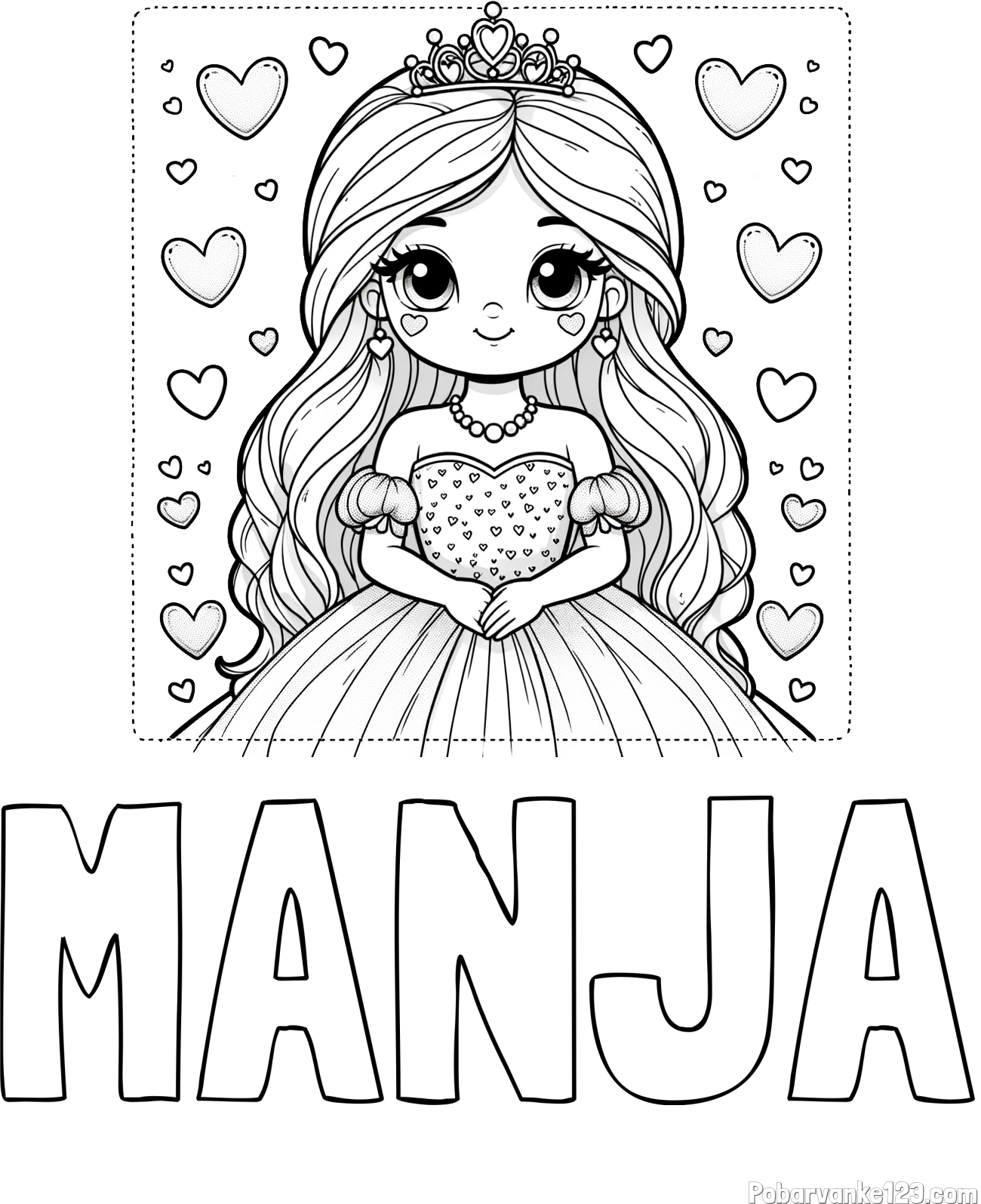 Pobarvanka imena MANJA in pobarvanka ljubke princese obdane s srčki