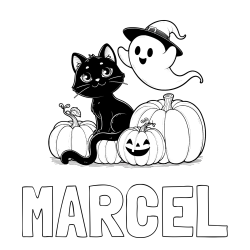 Online izdelana pobarvanka - Pobarvanka imena MARCEL in pobarvanka prijaznega duhca, črne mačke ter buč za noč čarovnic