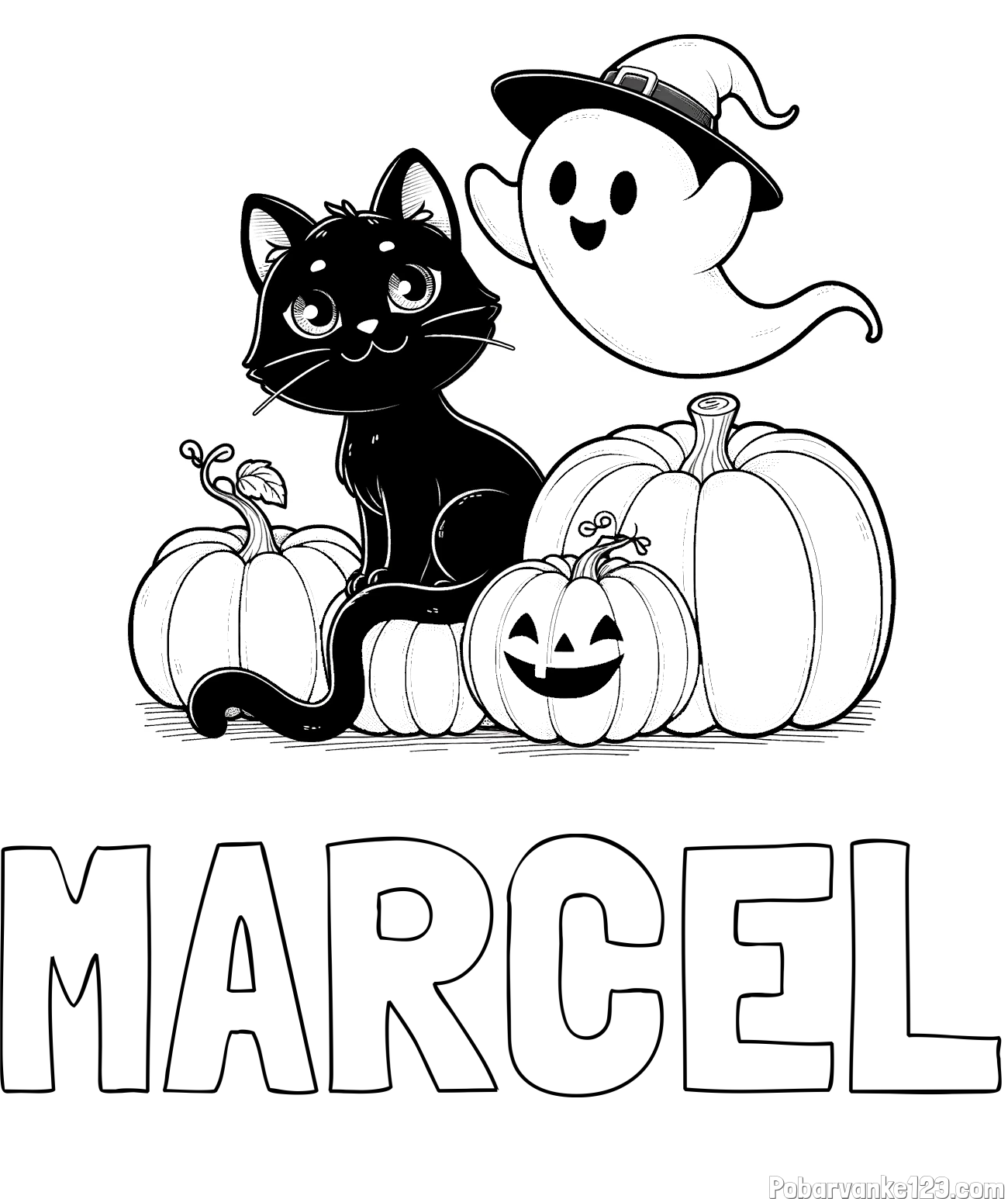 Pobarvanka imena MARCEL in pobarvanka prijaznega duhca, črne mačke ter buč za noč čarovnic