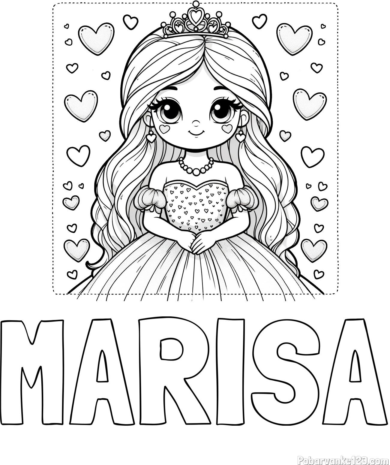 Pobarvanka imena MARISA in pobarvanka ljubke princese obdane s srčki