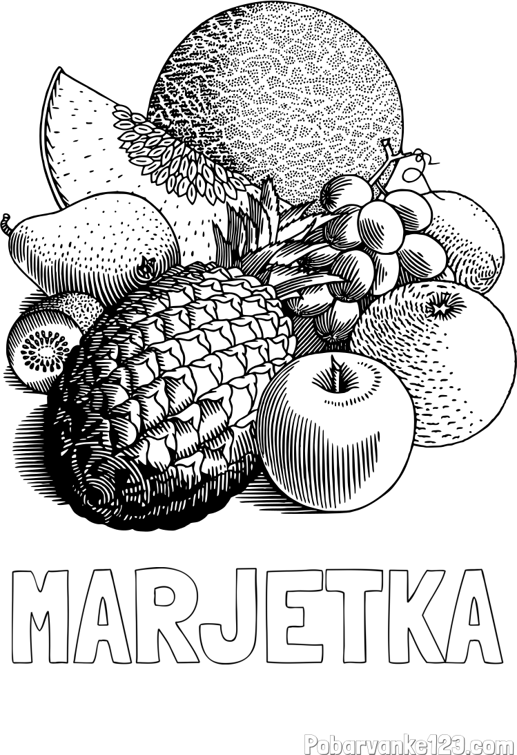 Pobarvanka imena MARJETKA in pobarvanka sadja (ananas, melona, jabolka, kivi, grozdje, pomaranča...)