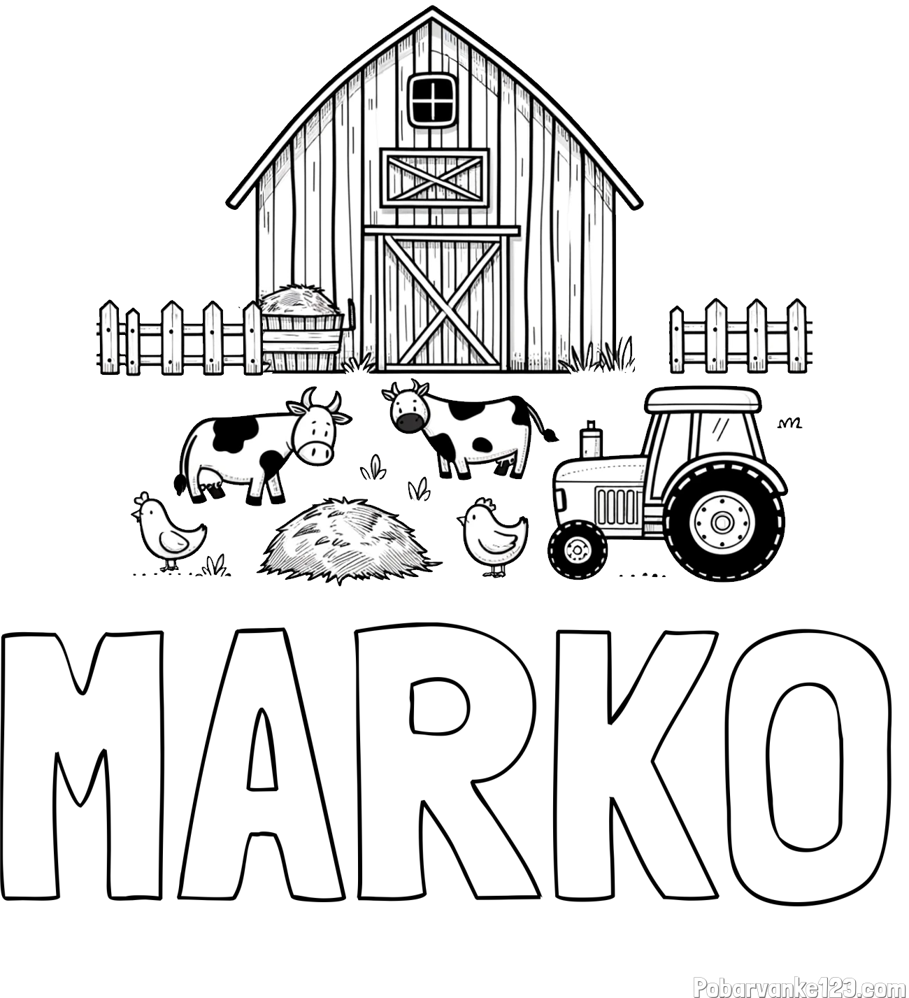 Pobarvanka imena MARKO in otroška pobarvanka velikega senika, krav in traktorja