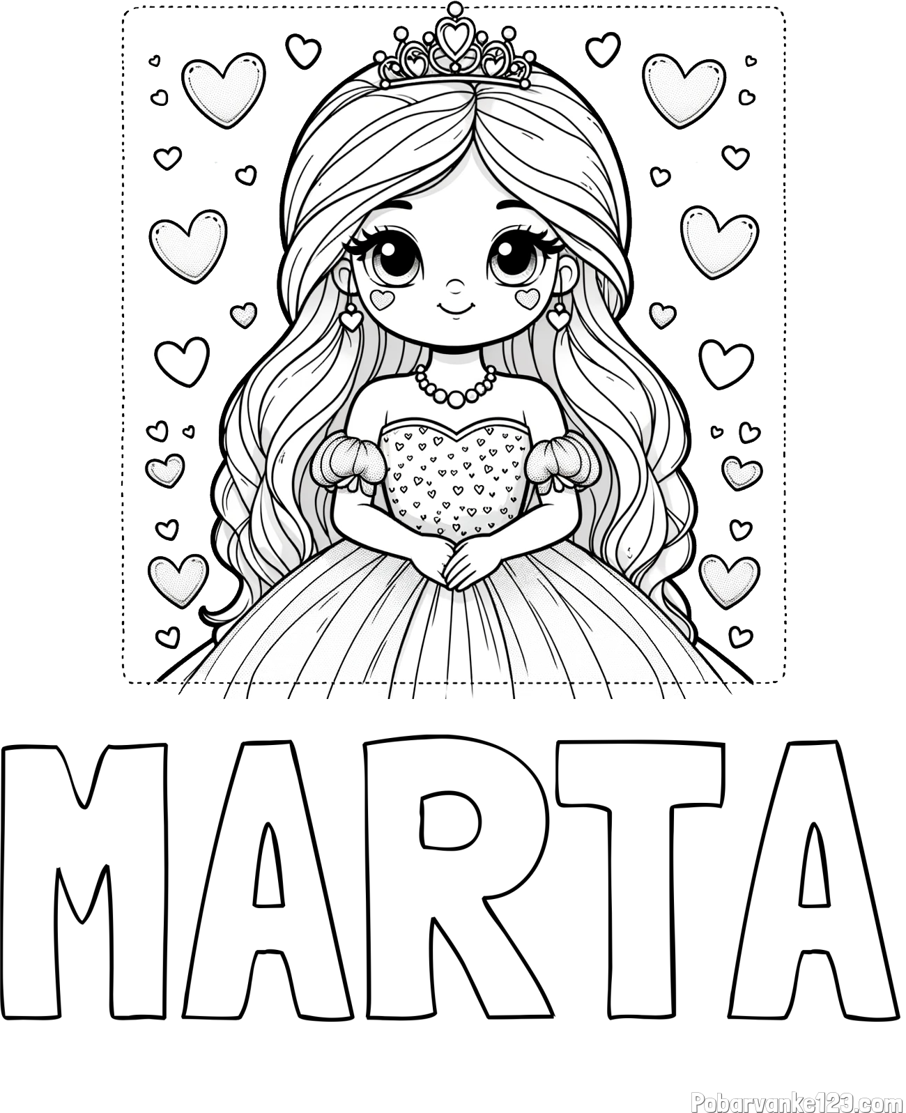 Pobarvanka imena MARTA in pobarvanka ljubke princese obdane s srčki