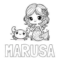 Online izdelana pobarvanka - Pobarvanka imena MARUŠA in pobarvanka ljubke morske deklice in veselega raka