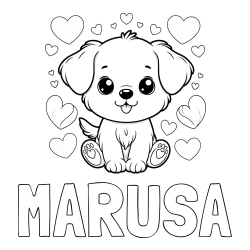 Online izdelana pobarvanka - Pobarvanka imena MARUŠA in pobarvanka ljubkega kužka obdanega s srčki