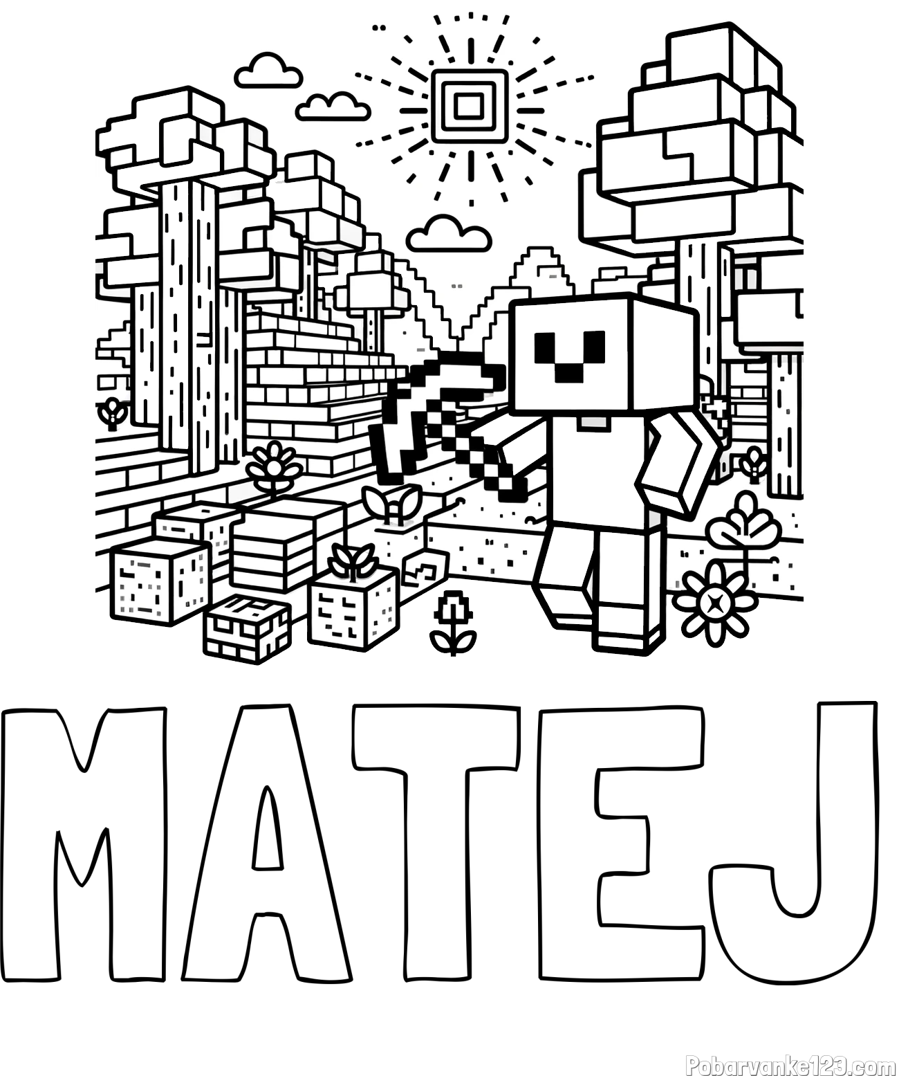 Pobarvanka imena MATEJ in pobarvanka Minecraft sveta