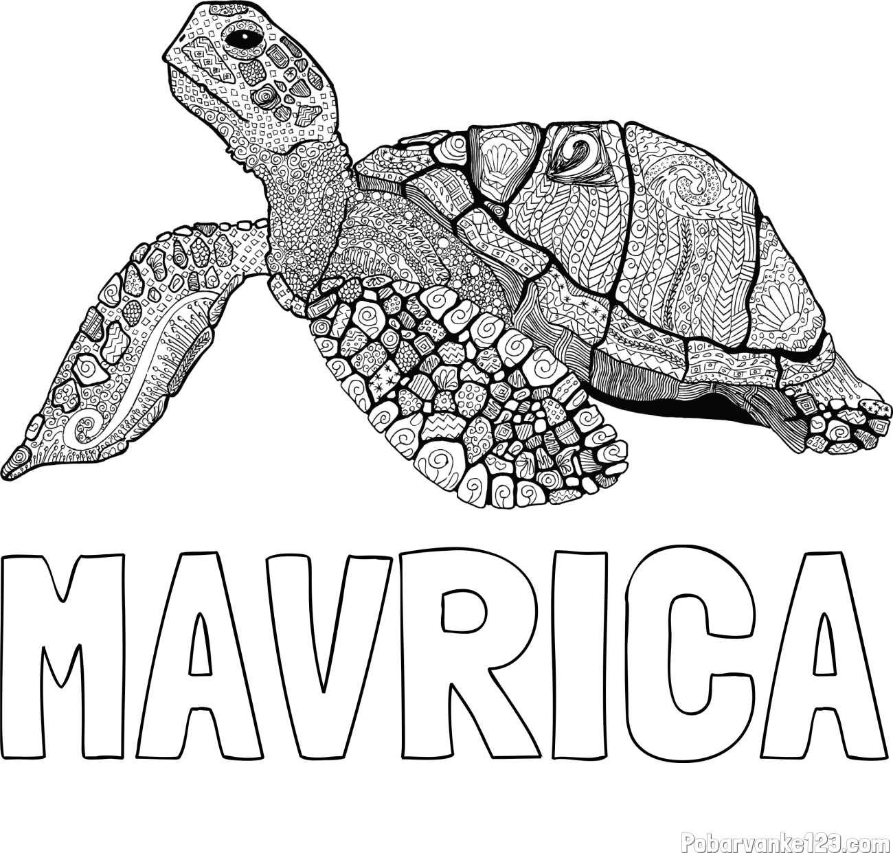 Pobarvanka imena MAVRICA in pobarvanka velike želve - mandale