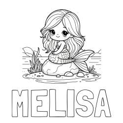 Online izdelana pobarvanka - Pobarvanka imena MELISA in pobarvanka prikupne morske deklice, ki sedi na kamnu ob obali