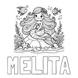 Online izdelana pobarvanka - Pobarvanka imena MELITA in pobarvanka prikupne male morske deklice