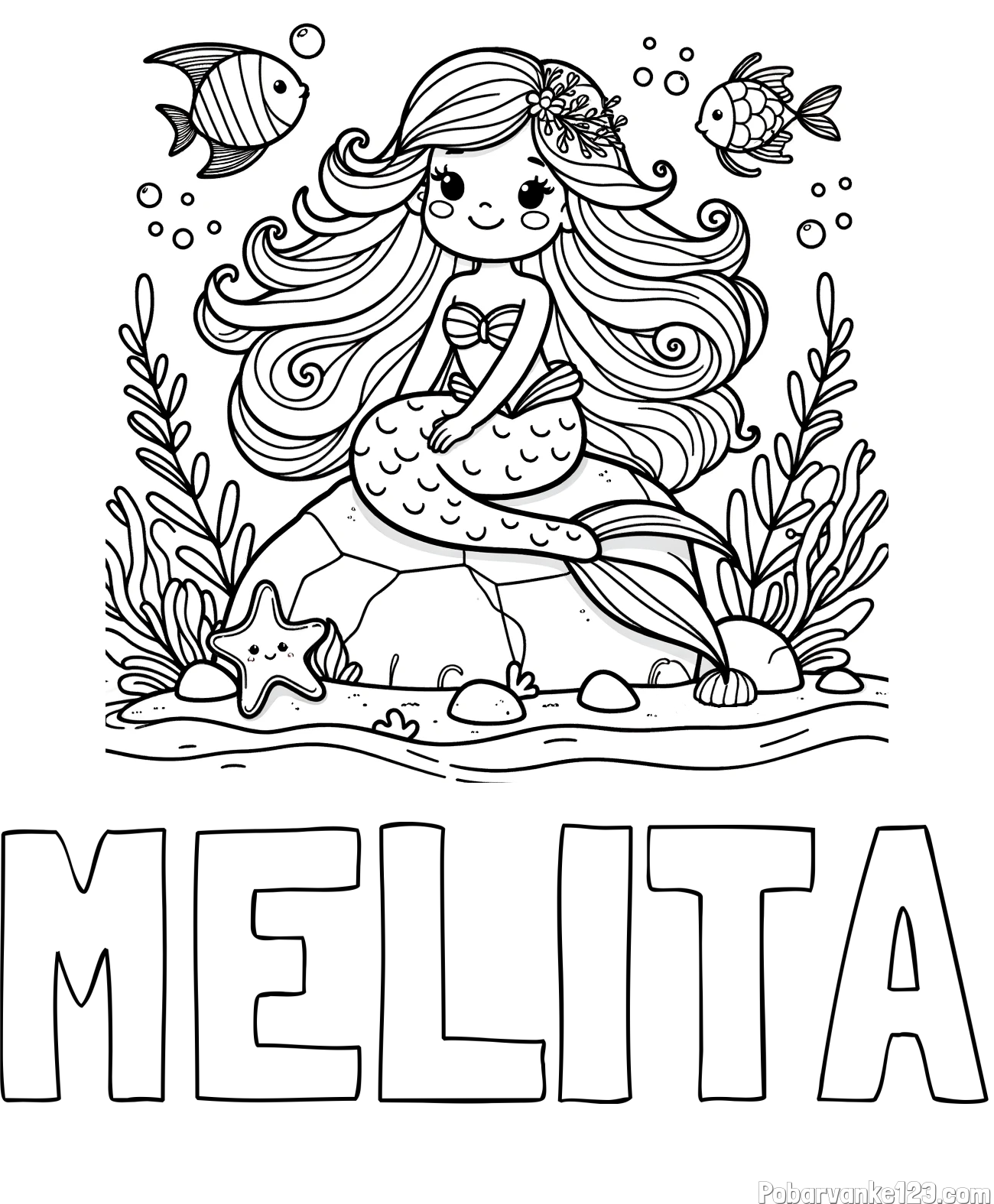 Pobarvanka imena MELITA in pobarvanka prikupne male morske deklice