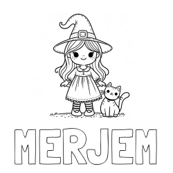 Online izdelana pobarvanka - Pobarvanka imena MERJEM in Čudovita pobarvanka ljubke čarovnice in nasmejane mačke