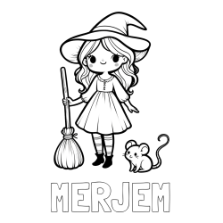 Online izdelana pobarvanka - Pobarvanka imena MERJEM in pobarvanka čarovnice z metlo in miško