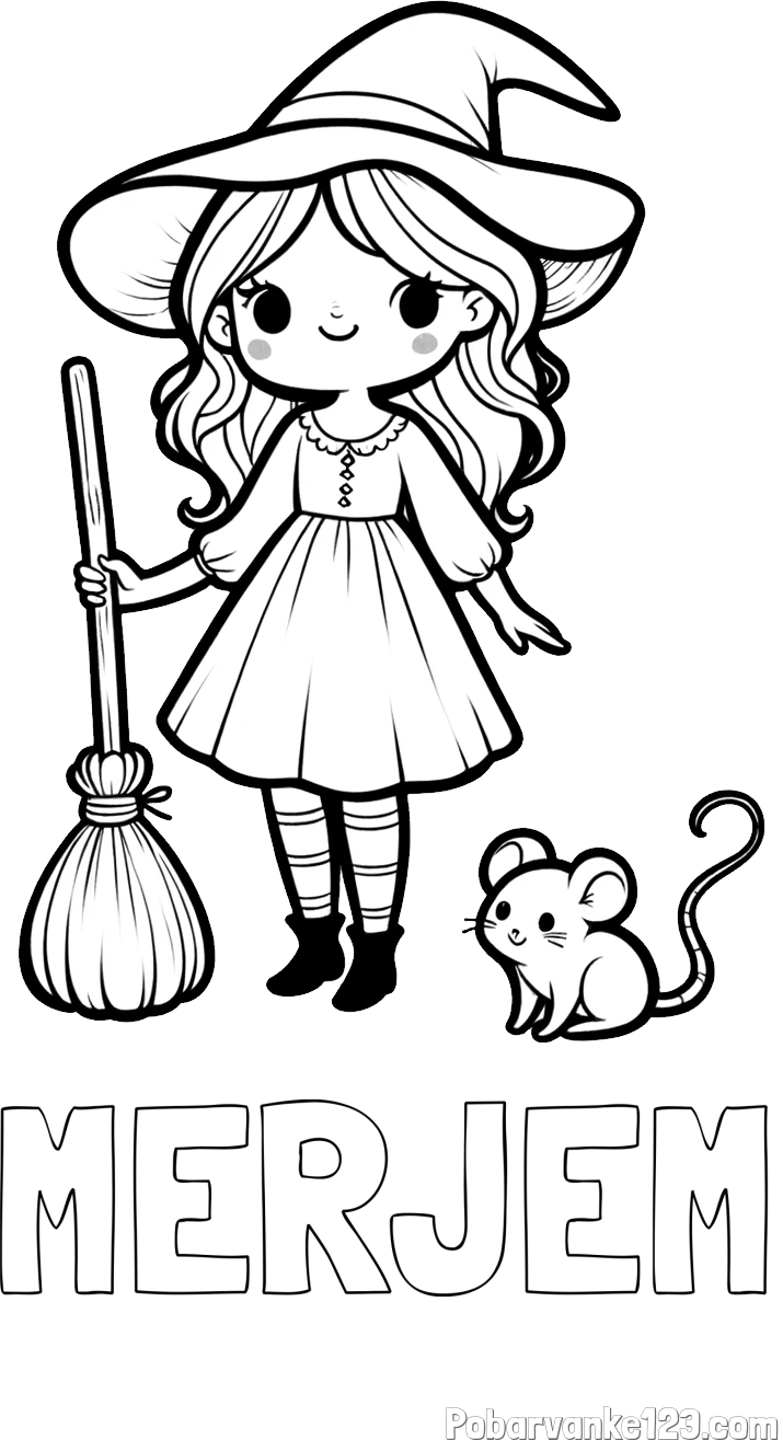 Pobarvanka imena MERJEM in pobarvanka čarovnice z metlo in miško