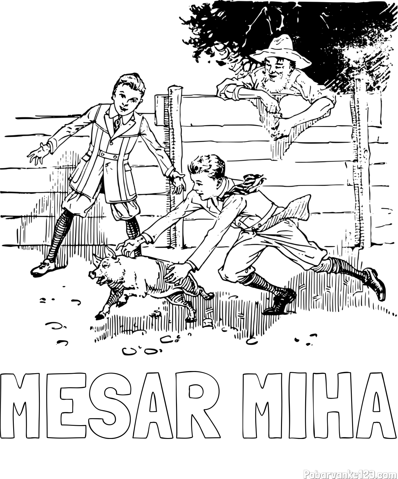 Pobarvanka imena MESAR MIHA in pobarvanka dveh dečkov, ki lovita majhnega prašička