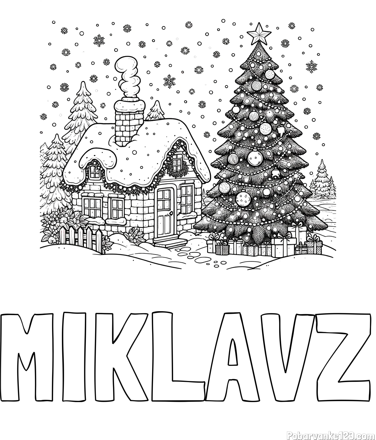 Pobarvanka imena MIKLAVŽ in pobarvanka zasnežene hiške na božično noč