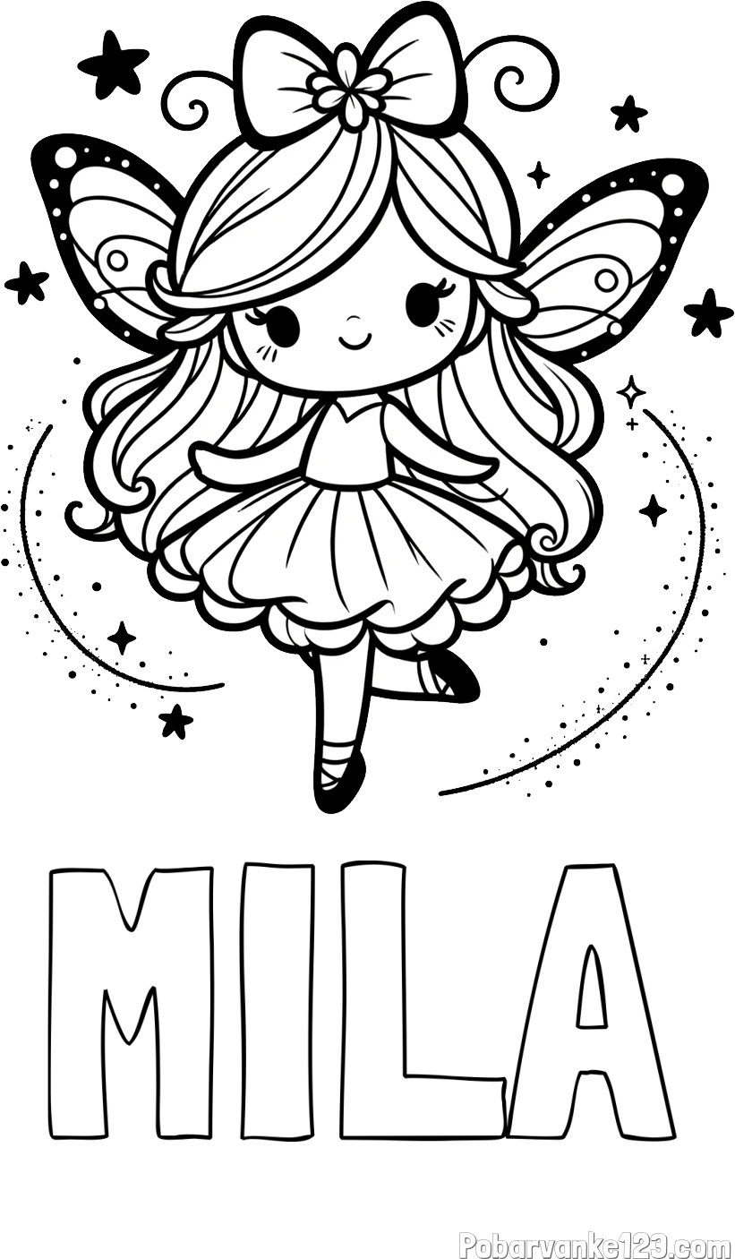 Pobarvanka imena MILA in ljubka čarobna vila