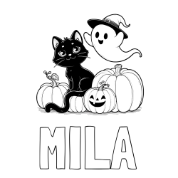 Online izdelana pobarvanka - Pobarvanka imena MILA in pobarvanka prijaznega duhca, črne mačke ter buč za noč čarovnic
