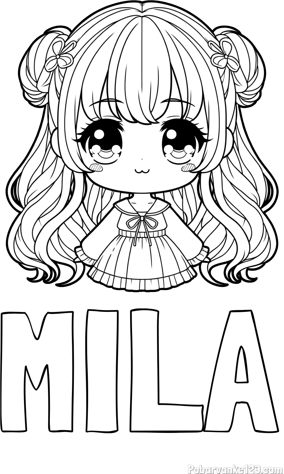 Pobarvanka imena MILA in pobarvanka prikupne punčke v anime slogu