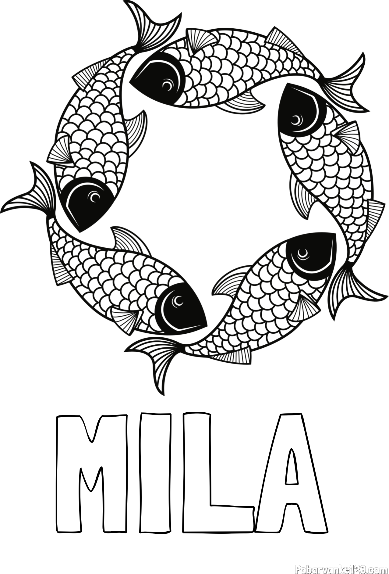 Pobarvanka imena MILA in pobarvanka rib - mandale