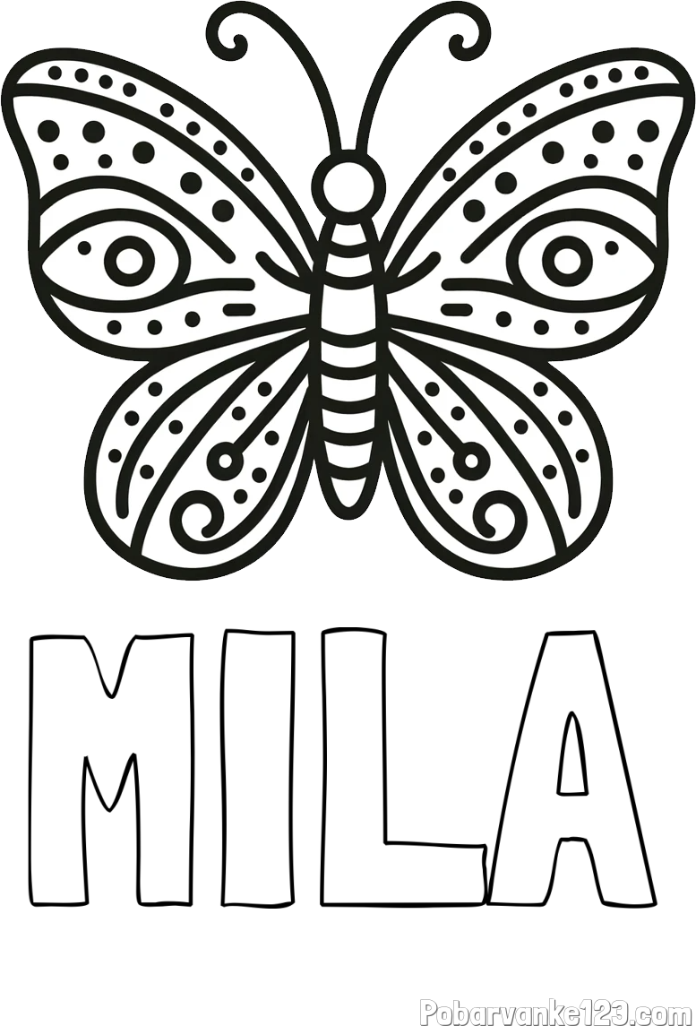 Pobarvanka imena MILA in preprosta pobarvanka metulja