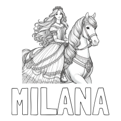 Online izdelana pobarvanka - Pobarvanka imena MILANA in pobarvanka nasmejana princese na konju