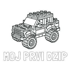 Online izdelana pobarvanka - Pobarvanka imena MOJ PRVI DŽIP in pobarvanka džipa sestavljenega iz LEGO kock