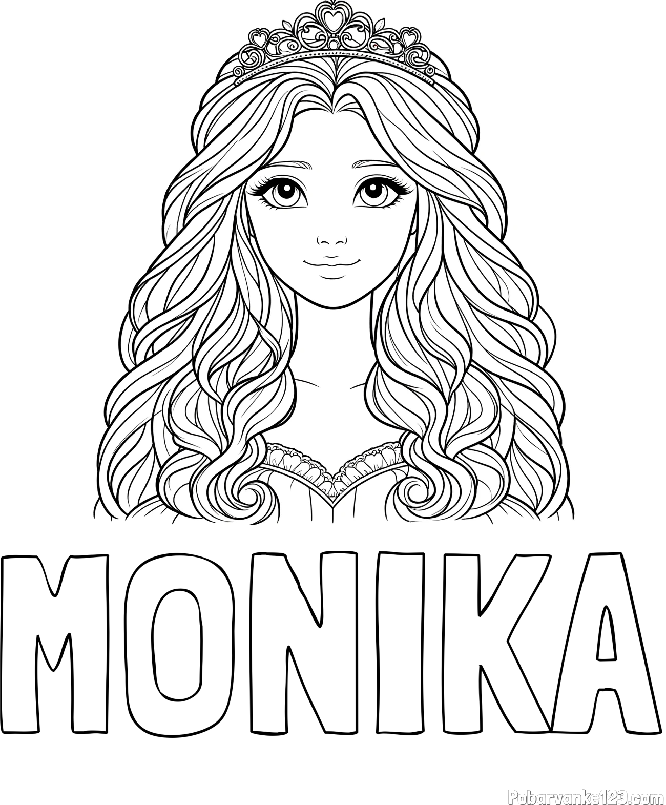 Pobarvanka imena MONIKA in pobarvanka ljubke princese z bujnimi lasmi