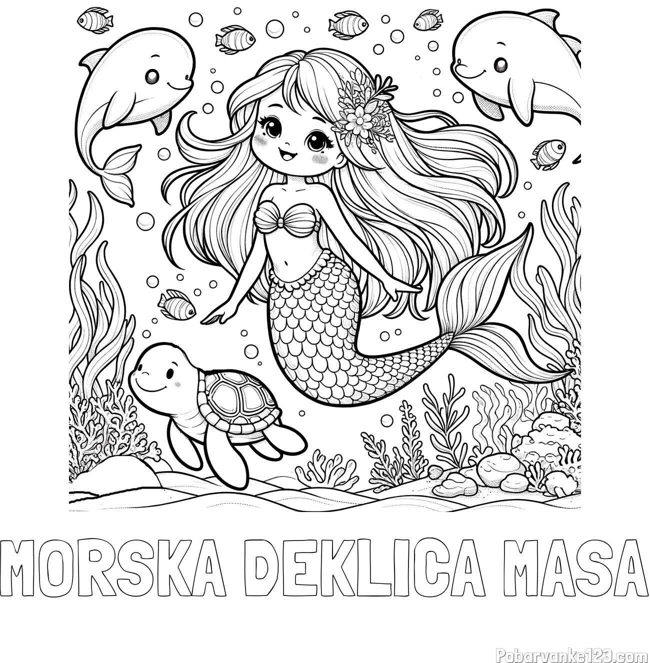 Pobarvanka imena MORSKA DEKLICA MAŠA in pobarvana ljubke morske deklice s prijatelji