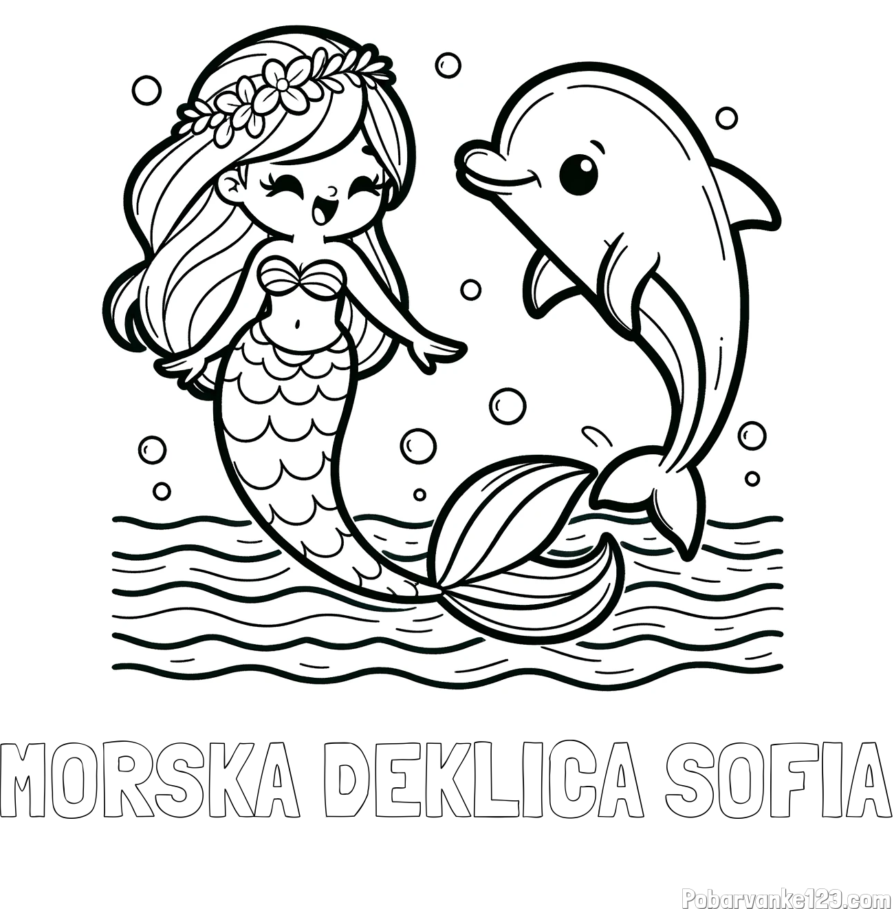 Pobarvanka imena MORSKA DEKLICA SOFIA in pobarvanka ljubke morske deklice, ki pleše z delfinom