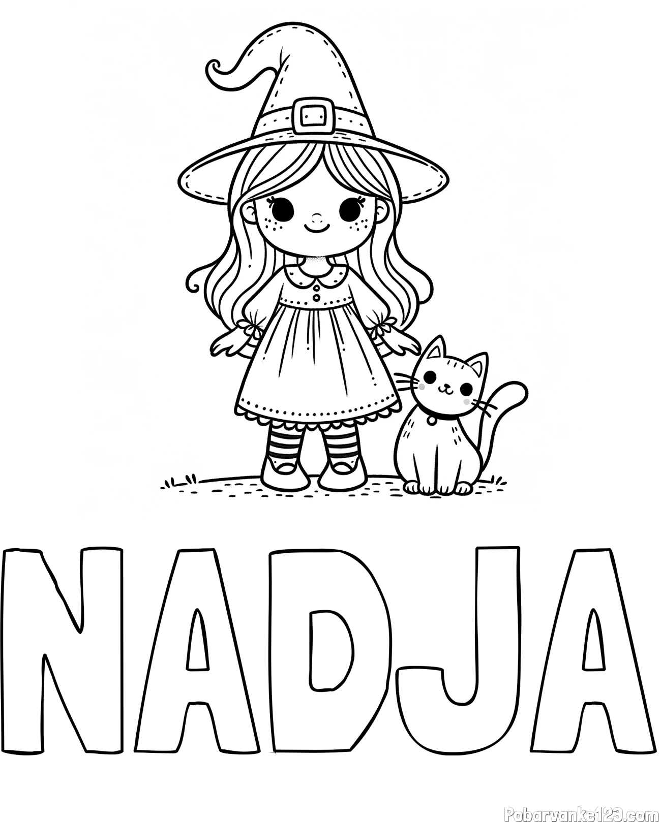 Pobarvanka imena NADJA in Čudovita pobarvanka ljubke čarovnice in nasmejane mačke