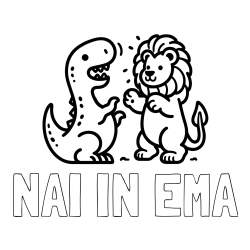 Online izdelana pobarvanka - Pobarvanka imena NAI IN EMA in pobarvanka dinozavra, ki napada leva