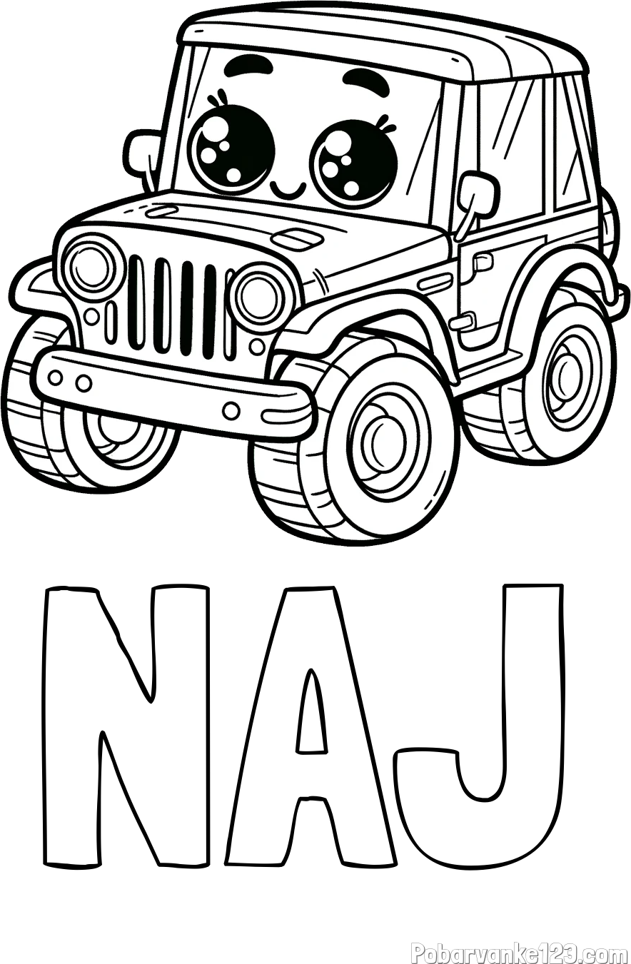 Pobarvanka imena NAJ in otroška pobarvanka nasmejanega jeep-a