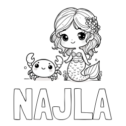 Online izdelana pobarvanka - Pobarvanka imena NAJLA in pobarvanka ljubke morske deklice in veselega raka