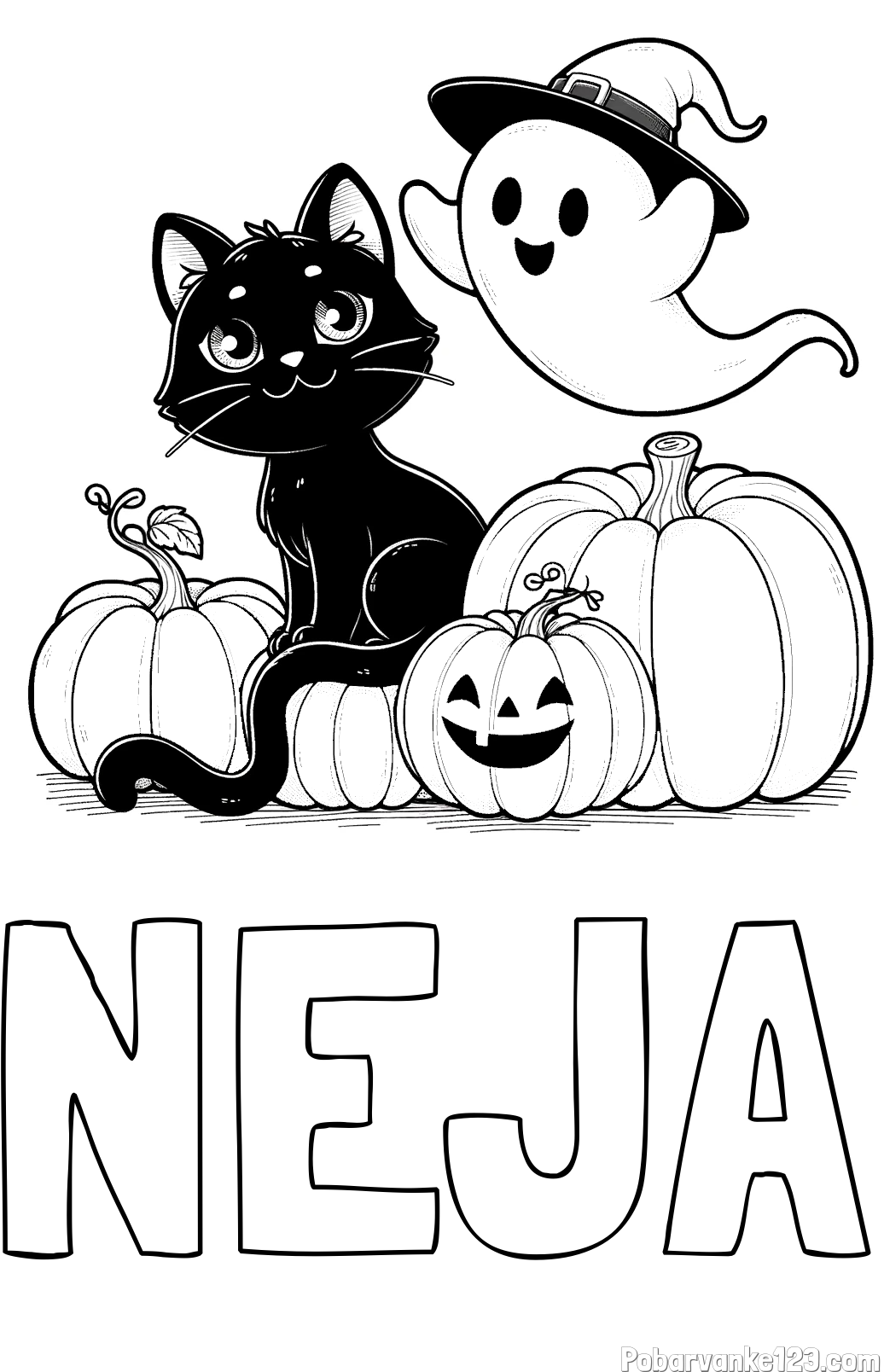 Pobarvanka imena NEJA in pobarvanka prijaznega duhca, črne mačke ter buč za noč čarovnic