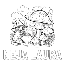 Online izdelana pobarvanka - Pobarvanka imena NEJA LAURA in pobarvanka čarovnice med gobami